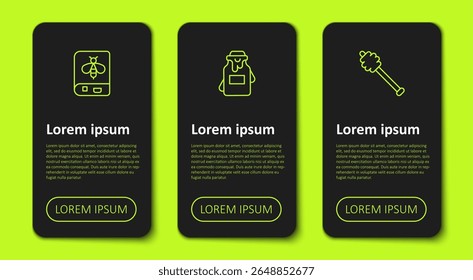Set line Book about bee, Jar of honey and Honey dipper stick. Business infographic template. Vector