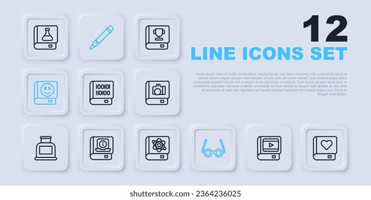 Set line Book about cinema, Romance book, Books programming, Glasses, User manual, Pencil with eraser and physics icon. Vector