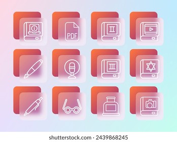 Set line Book about cinema, Glasses, Inkwell, Microphone, User manual and PDF file document icon. Vector