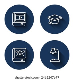 Set line Book about cinema, Graduation cap, Ancient magic book and Table lamp with long shadow. Blue circle button. Vector