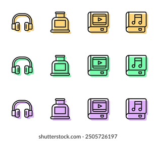 Set line Book about cinema, Headphones, Inkwell and Audio book icon. Vector
