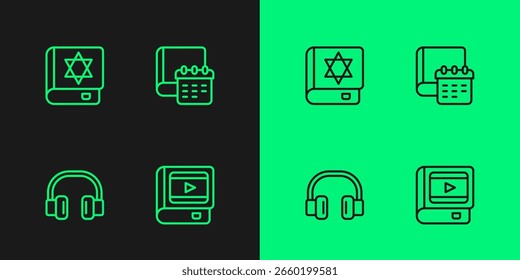 Libro sobre el cine, los auriculares, el libro judío de la Torá y el icono del cuaderno de papel diario. Vector