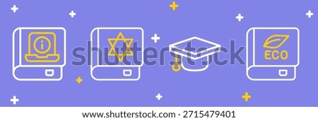 Set line Book about ecology, Graduation cap, Jewish torah book and User manual icon. Vector