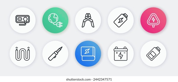 Set line Book about electricity, High voltage, Electric cable, Car battery, Battery charge, Pliers tool,  and Soldering iron icon. Vector