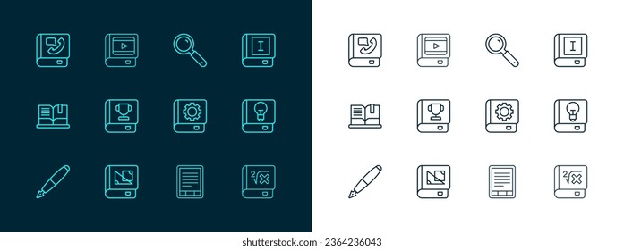 Set line Book, about geometry, User manual, E-Book reader, Magnifying glass, Phone book and cinema icon. Vector