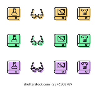 Set line Book about geometry, Chemistry book, Glasses and History icon. Vector