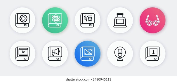 Set line Book about geometry, Glasses, cinema, Microphone, Inkwell, with mathematics,  and  icon. Vector