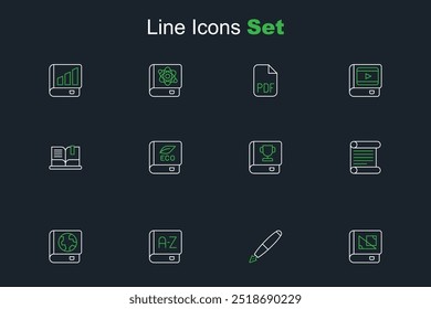Set line Book about geometry, Fountain pen nib, Translator book, Earth globe and, Decree, parchment, scroll, ecology and Open icon. Vector