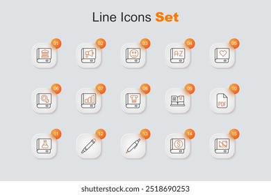 Definir a linha Livro sobre geometria, Livro financeiro, Caneta, Lápis com borracha, Química, documento de arquivo PDF, Ícone Abrir e Histórico. Vetor