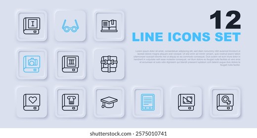 Set line Book about geometry, women, E-Book reader, Photo album gallery, History book, Glasses and Graduation cap icon. Vector