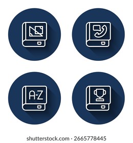 Set line Book about geometry, Phone book, Translator and  with long shadow. Blue circle button. Vector