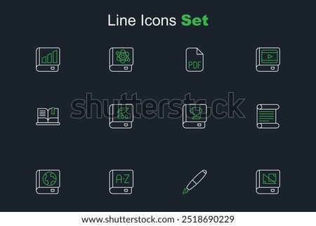 Set line Book about geometry, Fountain pen nib, Translator book, Earth globe and, Decree, parchment, scroll, ecology and Open icon. Vector