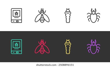 Set line Book about insect, Bee, Larva and Beetle deer on black and white. Vector