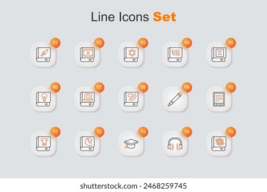 Set line Book about physics, Headphones, Graduation cap, Law book, History, E-Book reader, Pencil with eraser and Phone icon. Vector