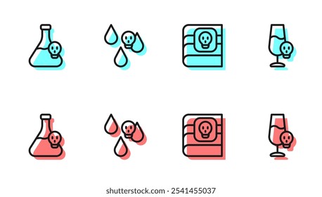 Set line Book about poisons, Beaker with toxic liquid, Acid rain and Poisoned alcohol icon. Vector