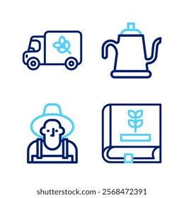 Set line Book about seeds, Farmer in the hat, Watering can and Flour truck icon. Vector