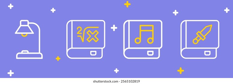 Set line Book about weapon, Audio book, with mathematics and Table lamp icon. Vector