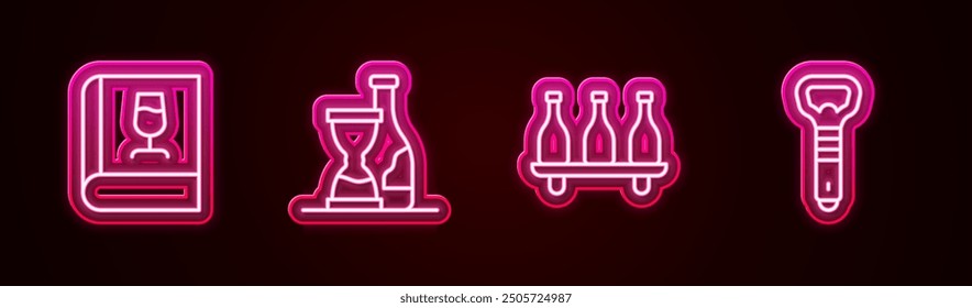 Set line Book about wine, Bottle of,  and opener. Glowing neon icon. Vector