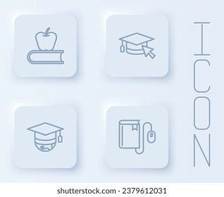 Set line Book with apple, Graduation cap cursor, globe and Electronic book mouse. White square button. Vector