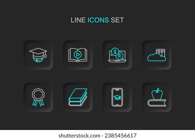 Set line Book with apple, Graduation cap on mobile, Online education diploma, Cloud or online library, Question and Answer, Audio book and globe icon. Vector