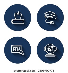 Set line Book with apple, Graduation cap mouse, Online education and Web camera with long shadow. Blue circle button. Vector