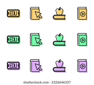 Set line Book with apple, Online education, book and Audio icon. Vector