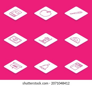 Fijar el libro de línea, Apple, pincel de pintura, plantilla de certificado, matraz de tubo de prueba de vidrio en llamas, rejilla de protractor para medir grados, tablero de cambios e icono de timbre de llamada. Vector