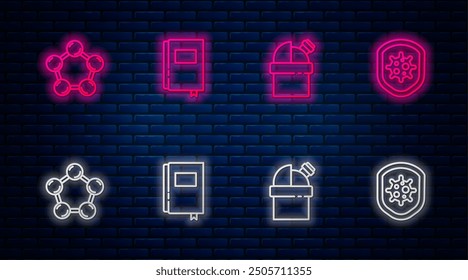 Set line Book, Astronomical observatory, Molecule and Shield protecting from virus. Glowing neon icon on brick wall. Vector