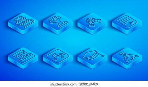 Set line Book, Award cup, Medal, Music note, tone, Graduation cap, Exam sheet with plus grade, School building and Test tube and flask icon. Vector