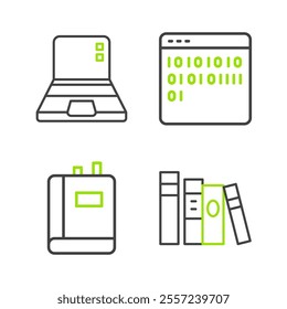 Set line Book, Binary code and Laptop icon. Vector