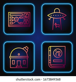 Set line Book by astronomy, Astronomical observatory, Futuristic hud interface and Planet. Gradient color icons. Vector