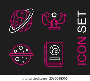 Set line Book by astronomy, Planet Venus, Solar system and Space capsule and parachute icon. Vector