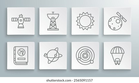 Set line Book by astronomy, Satellite dish, Satellites orbiting the planet Earth, Solar system, Planet Saturn, Sun,  and  icon. Vector