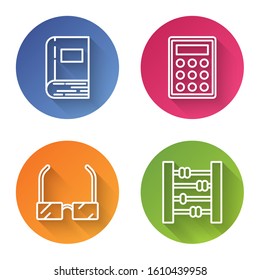 Set line Book, Calculator, Glasses and Abacus. Color circle button. Vector