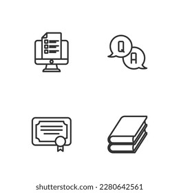 Set line Book, Certificate template, Online quiz, test, survey and Question and Answer icon. Vector
