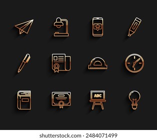 Set line Book, Certificado de Plantilla, Avión de papel, Pizarra, Bombilla con concepto de idea, Reloj y Rejilla del transportador para medir grados. Vector