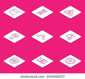 Set line Book, DNA symbol, Triangle with radiation, Radioactive in location, Molecule, Test tube and flask, Shield protecting from virus and Square root of x glyph icon. Vector