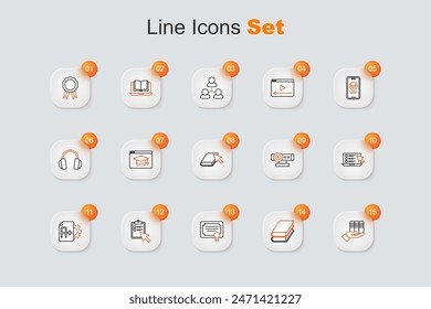 Set line Book donation, Certificate template, Online quiz, test, survey, Exam sheet with A plus grade, Web camera and book icon. Vector