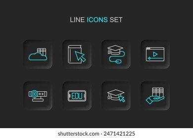 Set line Book donation, Graduation cap with cursor, Online education, Web camera, play video, mouse, book and Cloud online library icon. Vector