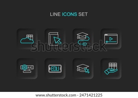 Set line Book donation, Graduation cap with cursor, Online education, Web camera, play video, mouse, book and Cloud online library icon. Vector