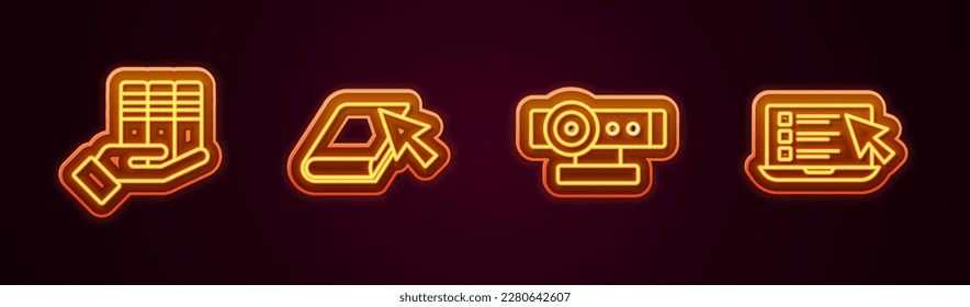 Set line Book donation, Online book, Web camera and quiz, test, survey. Glowing neon icon. Vector