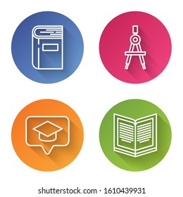 Set line Book, Drawing compass, Graduation cap in speech bubble and Open book. Color circle button. Vector