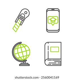 Set line Book, Earth globe, Graduation cap on screen smartphone and Stationery knife icon. Vector