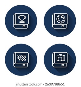 Set line Book, Earth globe and book, with mathematics and Photo album gallery with long shadow. Blue circle button. Vector