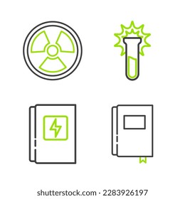 Set line Book, Electrical panel, Test tube and flask and Radioactive icon. Vector