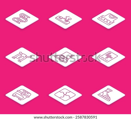 Set line Book, Gamepad, Waistcoat, Viking in horned helmet, Laptop, Crossword, Antique treasure chest and Piece of puzzle icon. Vector