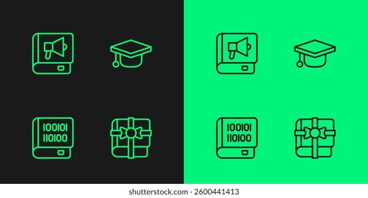 Set line Book as a gift, Books about programming,  and Graduation cap icon. Vector