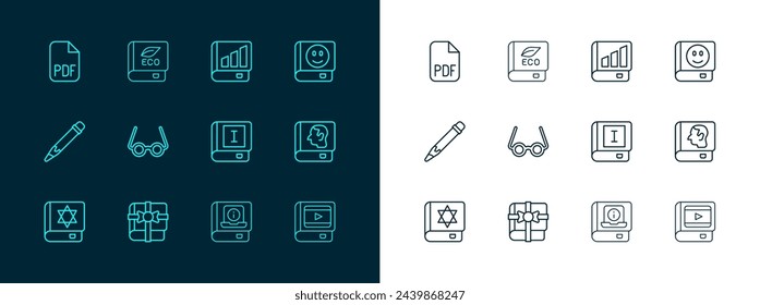 Set line Book, as a gift, User manual, Glasses, Financial book, PDF file document and about ecology icon. Vector