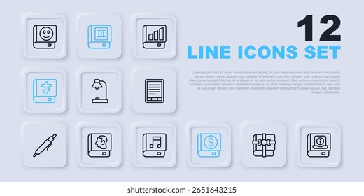 Set line Book as a gift, User manual, Table lamp, Financial book, Holy bible, Law,  and Audio icon. Vector