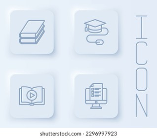 Set line Book, Graduation cap with mouse, Audio book and Online quiz, test, survey. White square button. Vector
